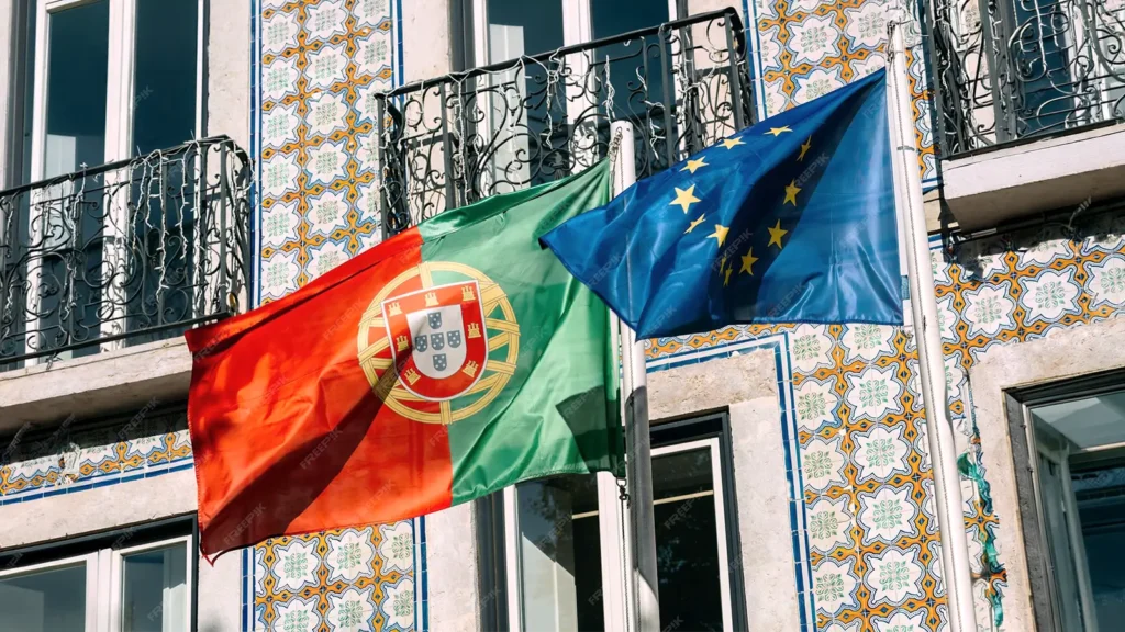 Portuguese European Union Flags Waving Proudly Traditional Lisbon Setting Adorned With Colorful Tiles