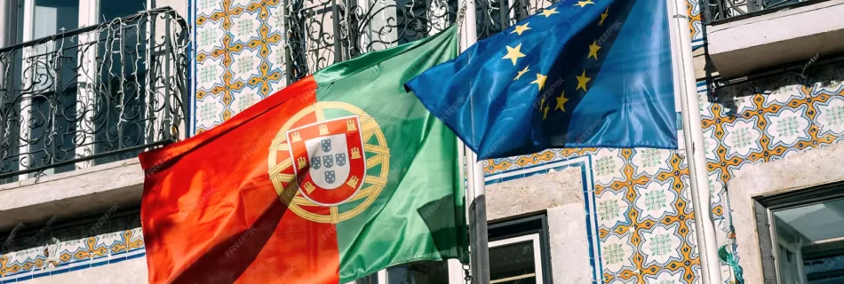 Portuguese European Union Flags Waving Proudly Traditional Lisbon Setting Adorned With Colorful Tiles